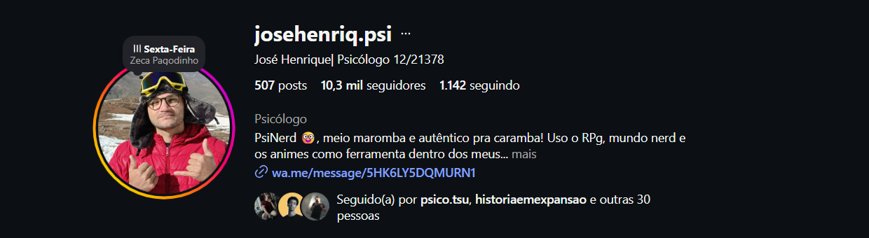 Print do perfil josehenriq.psi no Instagram, identificado como psicólogo CRP 12/21378